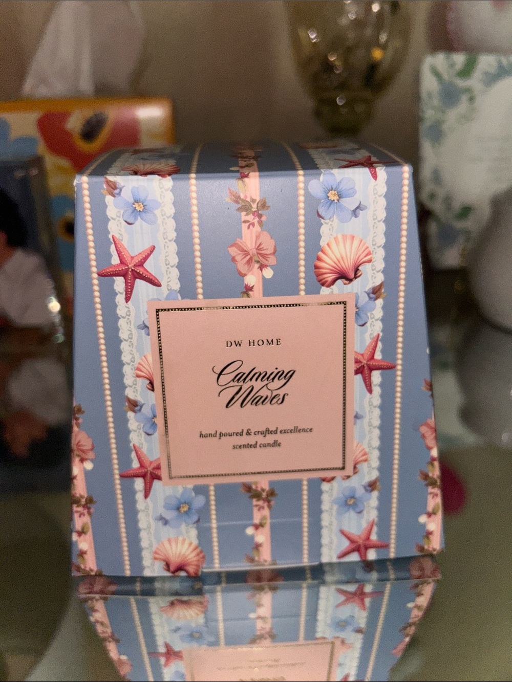 DW Home Blue Ceramic Mug Candle with Pink Beach-Theme Label
